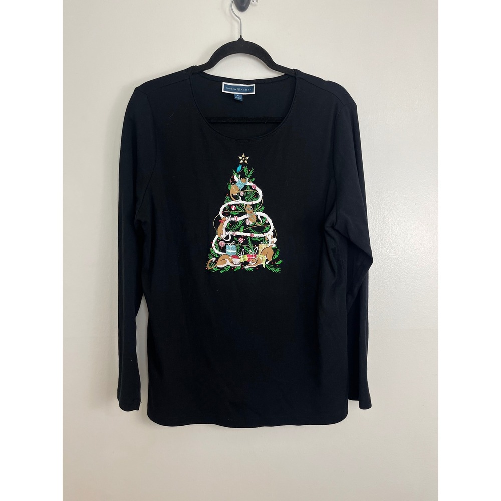Grandmacore Festive Cat Christmas Tree Top Women XL Black Long Sleeve Graphic